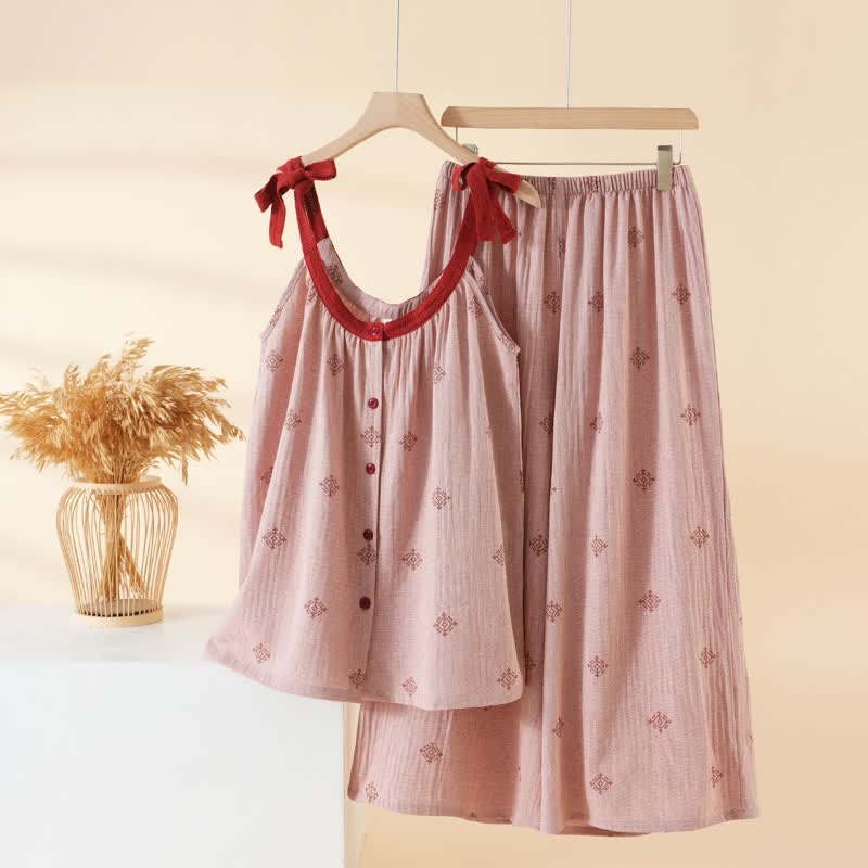Cotton Gauze Bow Strap Pajama Set - Pink - XL - image 2