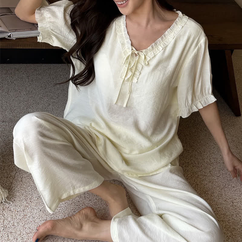 Solid Color Padded Ruffle Pajama Set - Yellow - XL - image 9