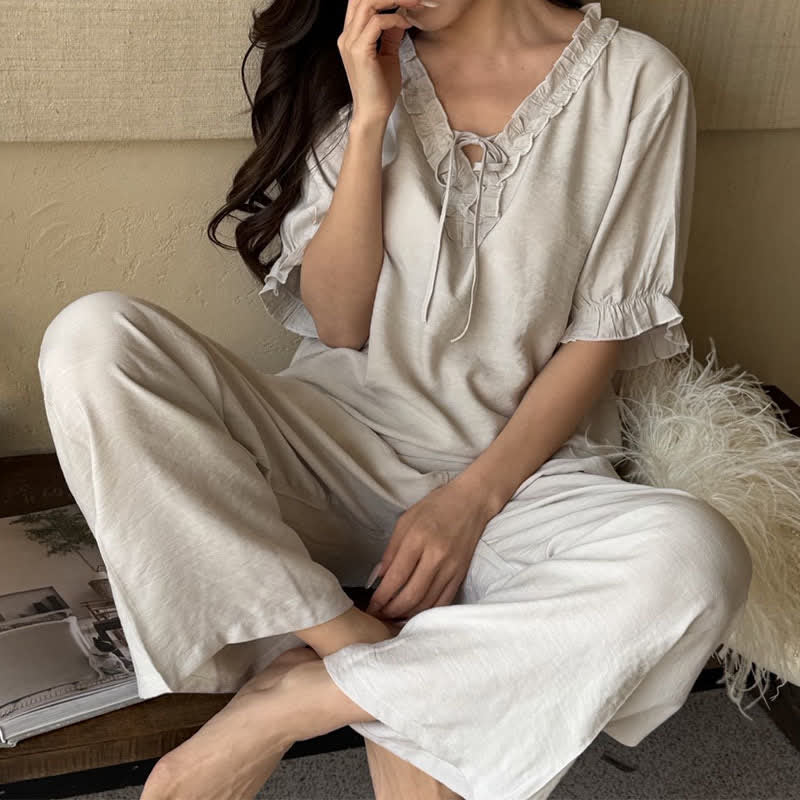 Solid Color Padded Ruffle Pajama Set - Gray - XL - image 13