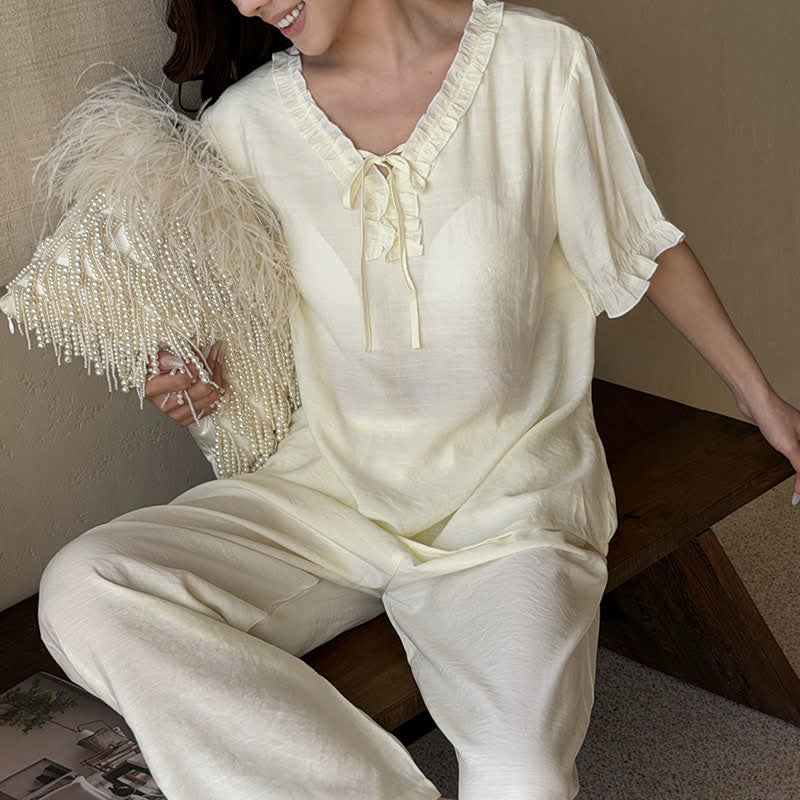 Solid Color Padded Ruffle Pajama Set - image 10