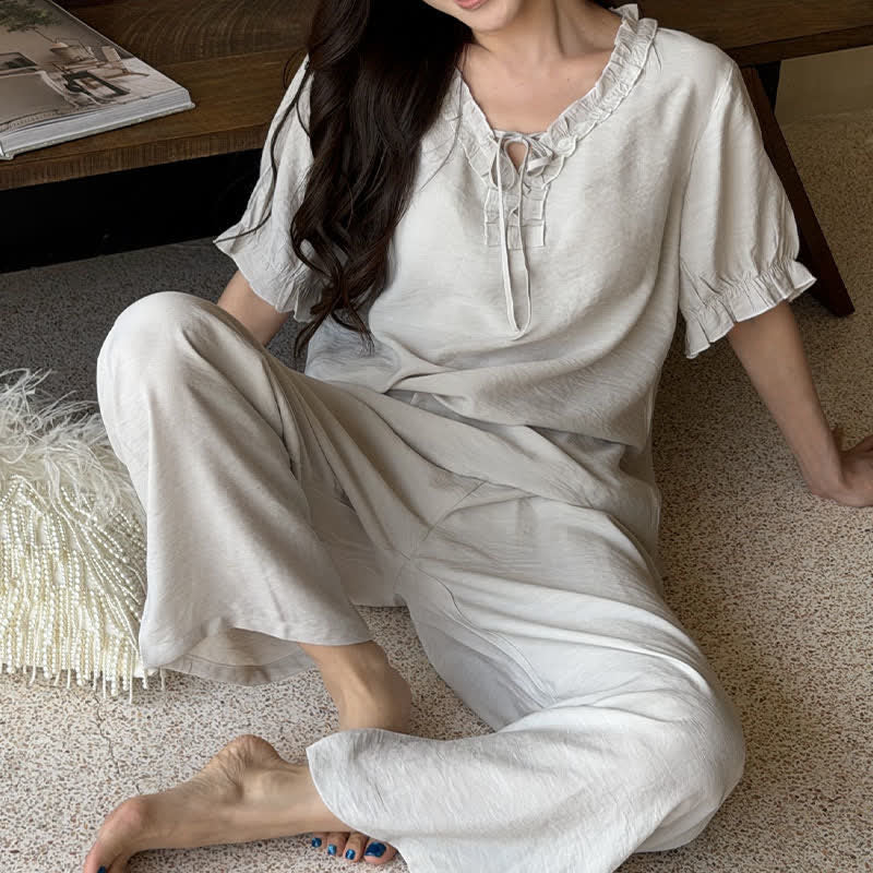 Solid Color Padded Ruffle Pajama Set - image 15