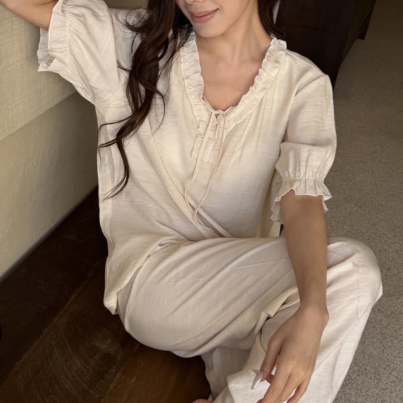 Solid Color Padded Ruffle Pajama Set - image 17