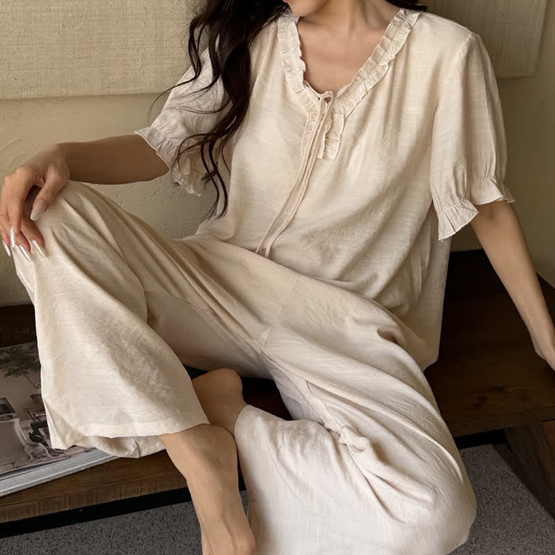 Solid Color Padded Ruffle Pajama Set - Light Apricot - XL - image 16