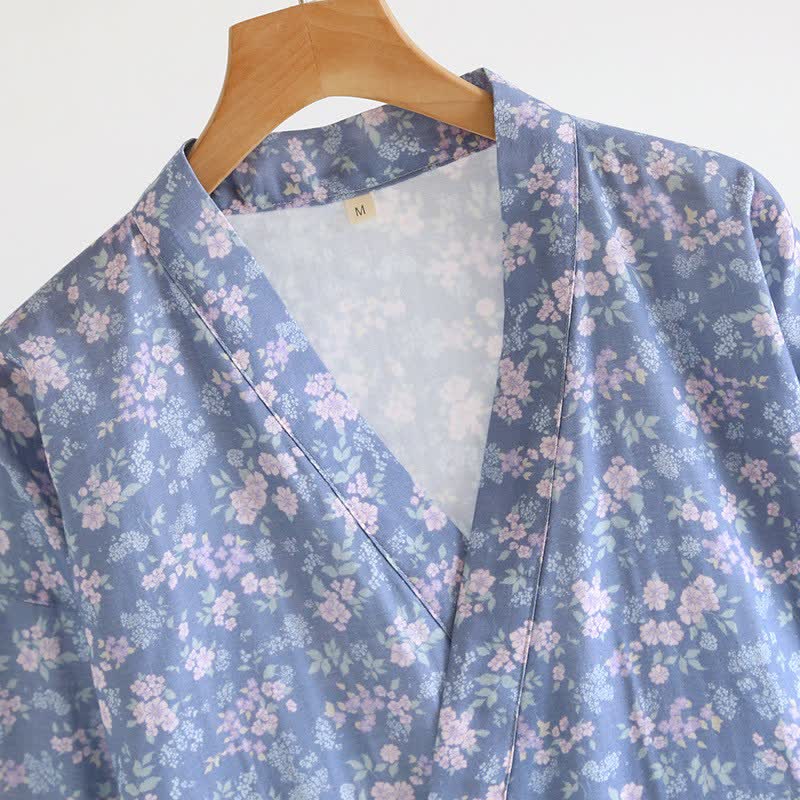 Rustic Blue Floral Cotton Kimono Robe - image 3