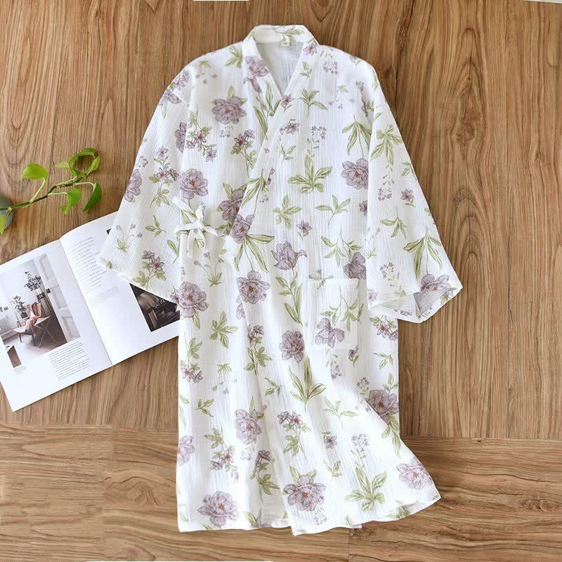 Violet Floral Cotton Kimono Robe - image 1