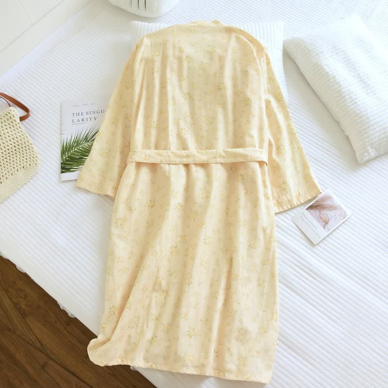 Yellow Botanical Cotton Gauze Kimono Robe - image 4