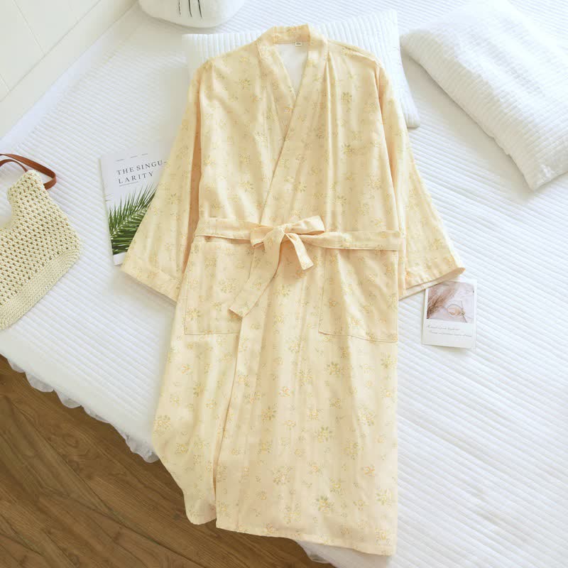 Yellow Botanical Cotton Gauze Kimono Robe - image 3