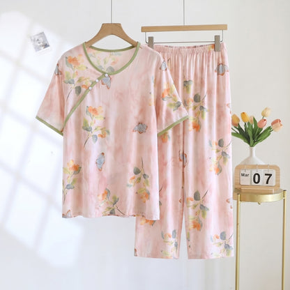 Butterfly Floral Cropped Pants Padded Nightwear - Pink - 2XL - image 0