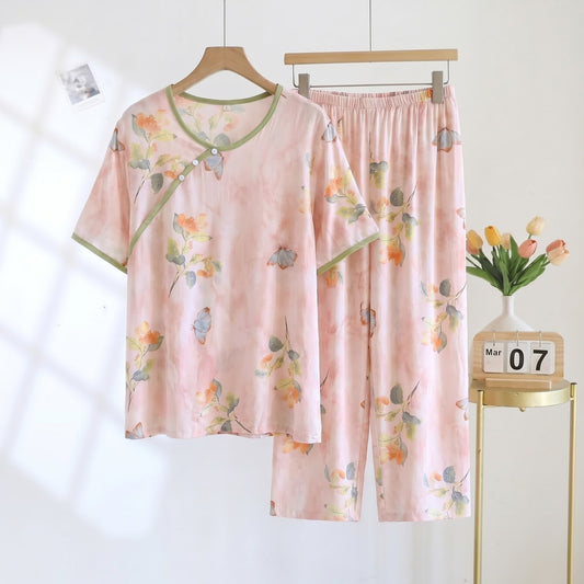 Butterfly Floral Cropped Pants Padded Nightwear - Pink - 2XL - image 0