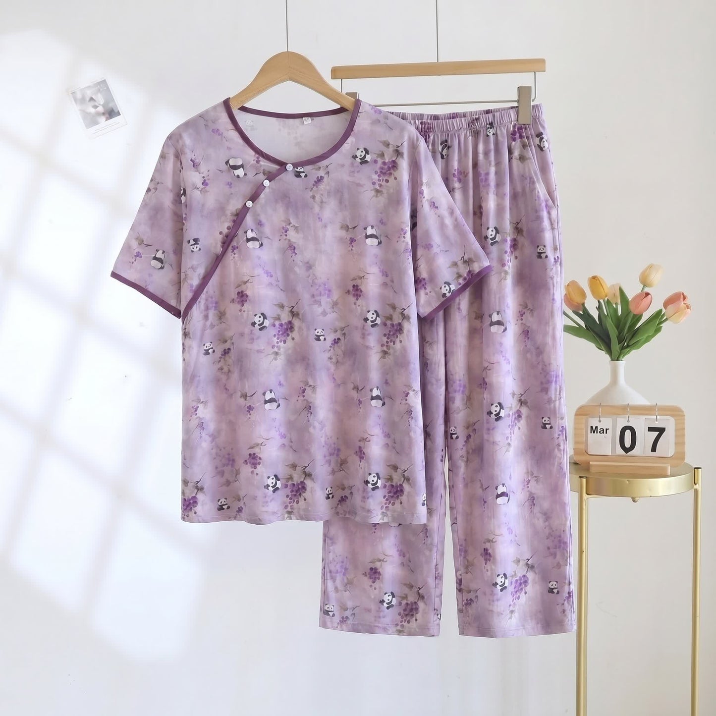 Cotton Rayon Cropped Pants Padded Nightwear - Purple - 2XL - image 0