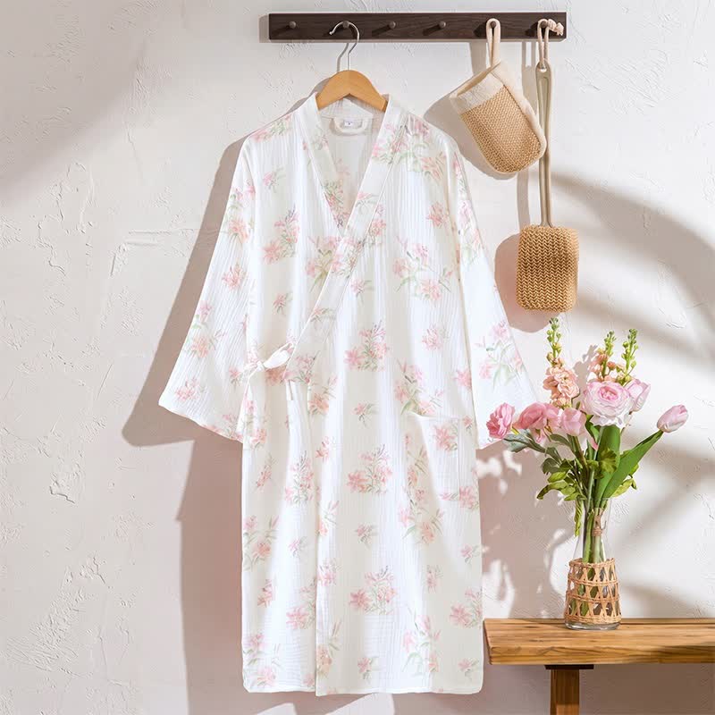 Pink Floral Pure Cotton Kimono Robe - White - XL - image 0
