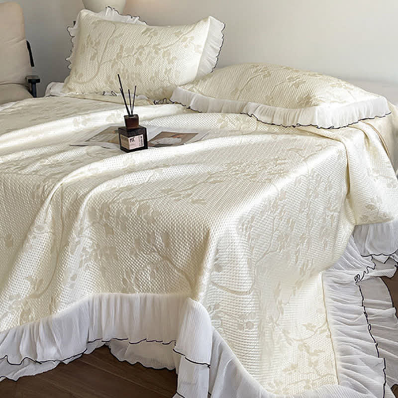 Ruffled Floral & Branch Bedspread Set - Light Yellow - Queen - image 0