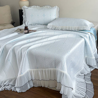 Ruffled Vertical Floral Bedspread Set - Light Blue - Queen - image 0