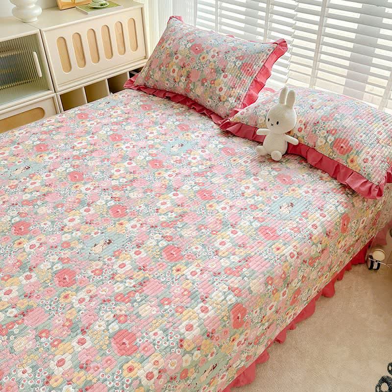 Ruffled Pink Floral Twill Cotton Coverlet - image 3