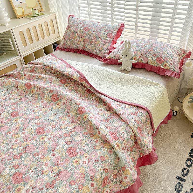 Ruffled Pink Floral Twill Cotton Coverlet - image 4