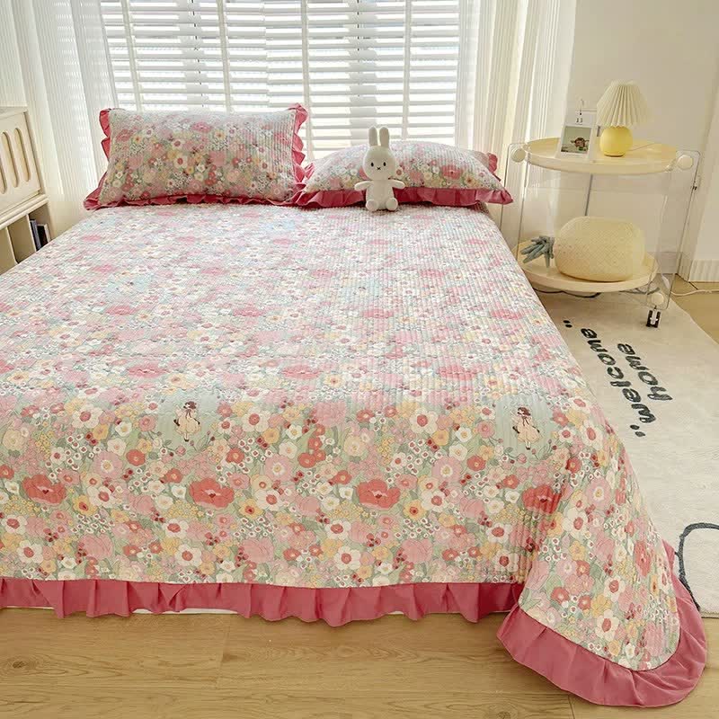 Ruffled Pink Floral Twill Cotton Coverlet - Coverlet - King - image 0
