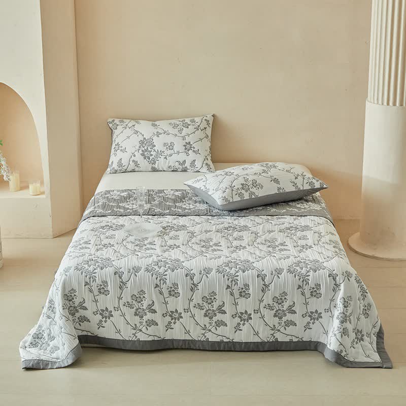 Branch & Floral Reversible Quilt Set - Gray - Quilt with 2PCS Pillowcases - King - image 0