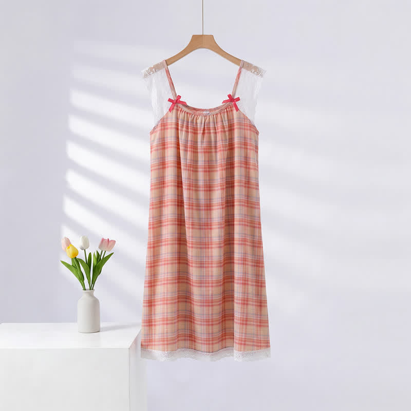 Rainbow Plaid Double Gauze Lace Trim NightDress - Rainbow - XL - Sleeveless Lace - image 0