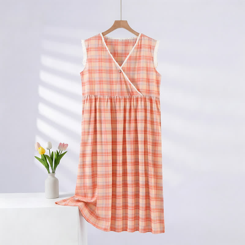 Rainbow Plaid Double Gauze Lace Trim NightDress - Rainbow - XL - Sleeveless Gauze - image 1