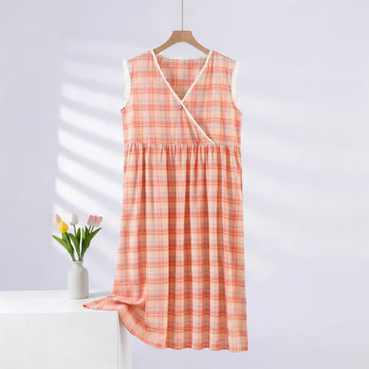 Rainbow Plaid Double Gauze Lace Trim NightDress - Rainbow - XL - Sleeveless Gauze - image 1
