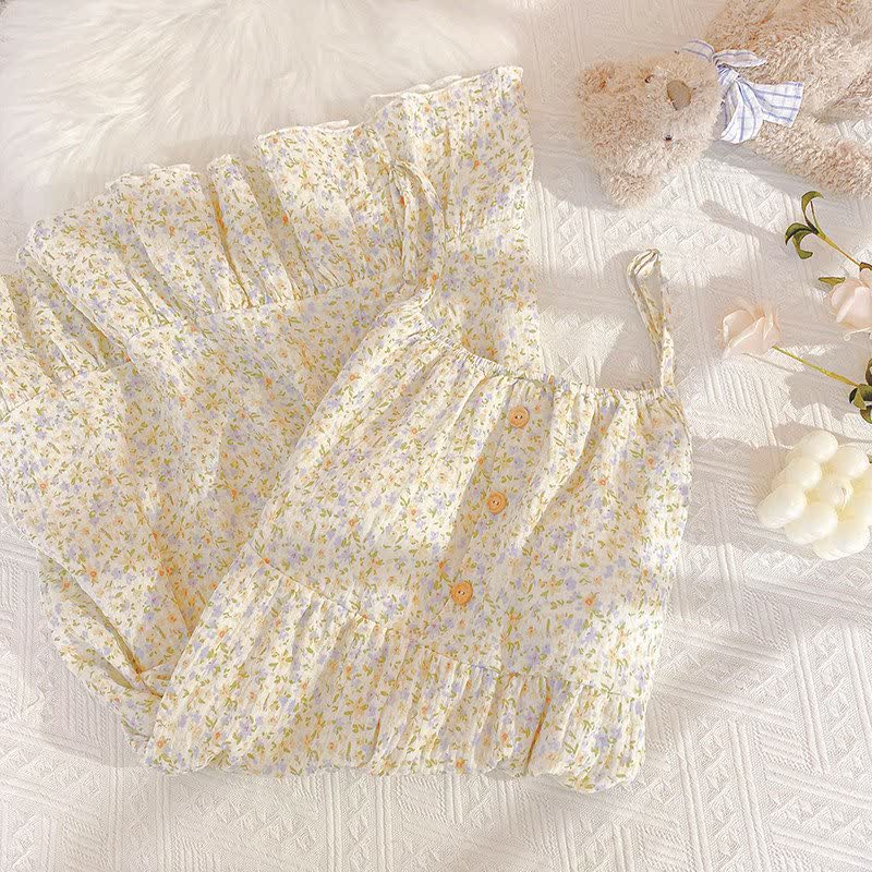 Floral & Leaf Cotton Ruffle Lounge Dress - image 3