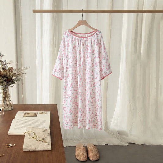 Pastoral Pink Floral Cotton Sleep Dress - Pink - XL - image 0