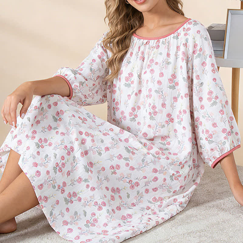 Pastoral Pink Floral Cotton Sleep Dress - image 4