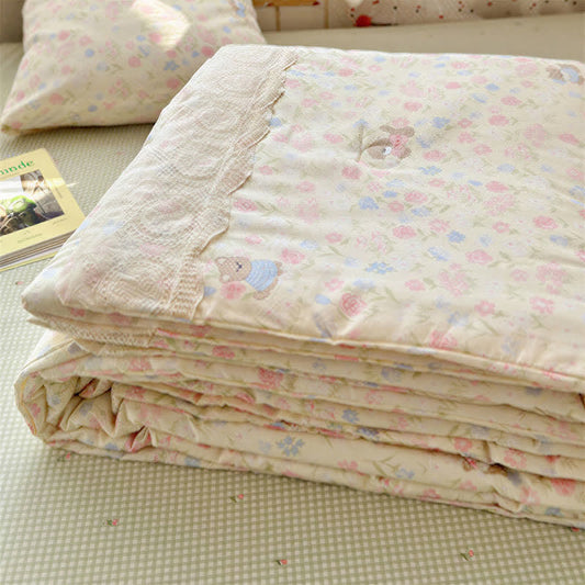 Cream Floral Lace Trim Cotton Bedding Set - image 0