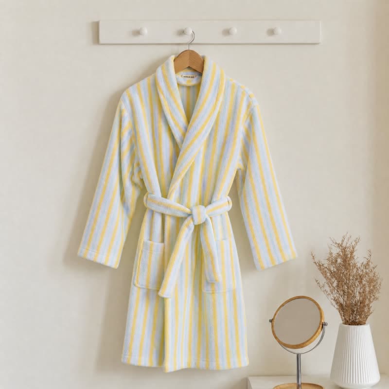 Pastel Stripe Cotton Kids Bathrobe - Yellow - Kids' Size: 140-155cm (55-61in) - image 0