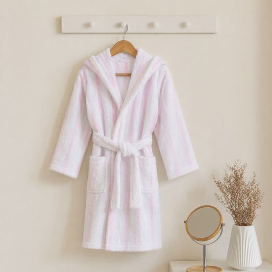 Pink Stripe Cotton Kids Hooded Bathrobe - Pink - Kids' Size: 140-155cm (55-61in) - image 0