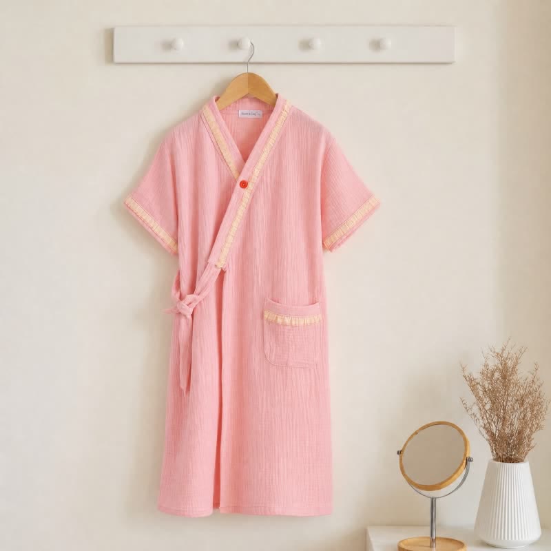 Ruffle Trim Kids' Cotton Muslin Robe - Pink - Kids' Size: 150cm (59in) - image 0
