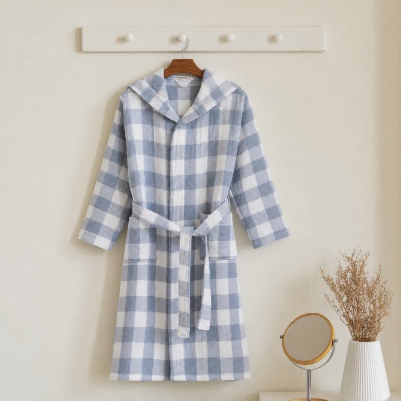 Kids' Plaid Hooded Cotton Bathrobe - Blue - Kids' Size: 160–170 cm (63–67 in) - image 6