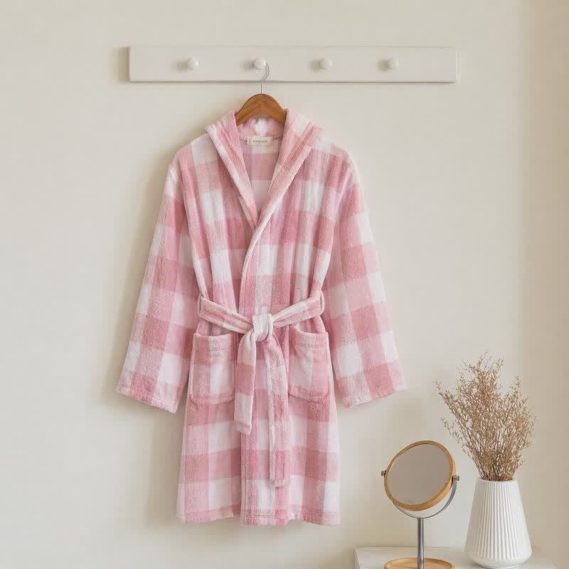 Kids' Plaid Hooded Cotton Bathrobe - Pink - Kids' Size: 160–170 cm (63–67 in) - image 0