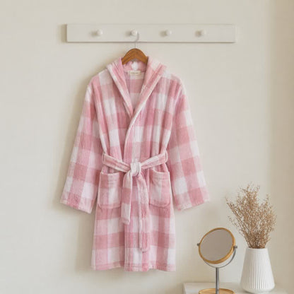 Kids' Plaid Hooded Cotton Bathrobe - Pink - Kids' Size: 160–170 cm (63–67 in) - image 0