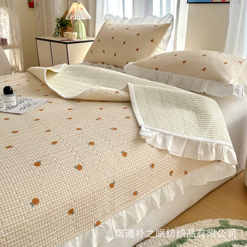 Ruffled Edge Orange Print Cotton Coverlet - image 5