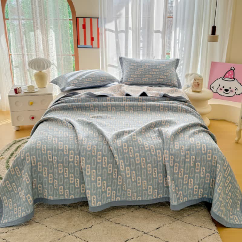 Geometric Jacquard Cotton Double Gauze Quilt - Blue - Quilt with 2PCS Pillow Towels - King - image 3