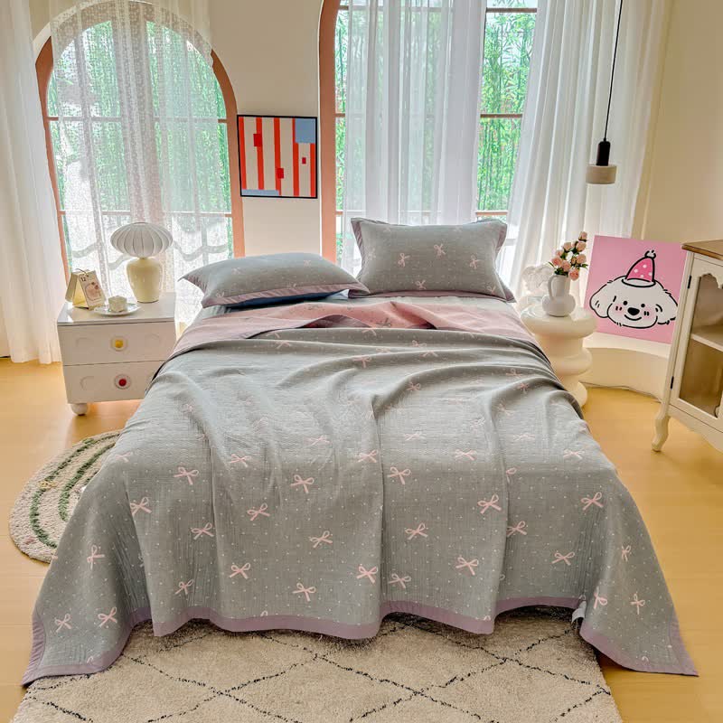 Reversible Bow Jacquard Cotton Gauze Quilt - Quilt with 2PCS Pillow Towels - King - image 0