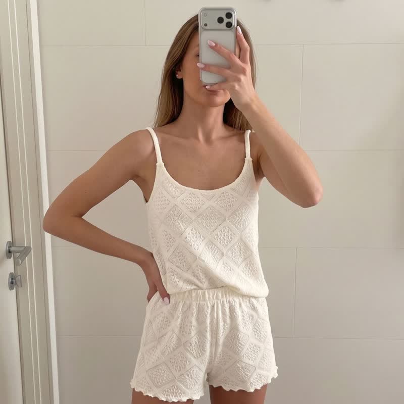 Beige Jacquard Cami Shorts pajama Set - image 1