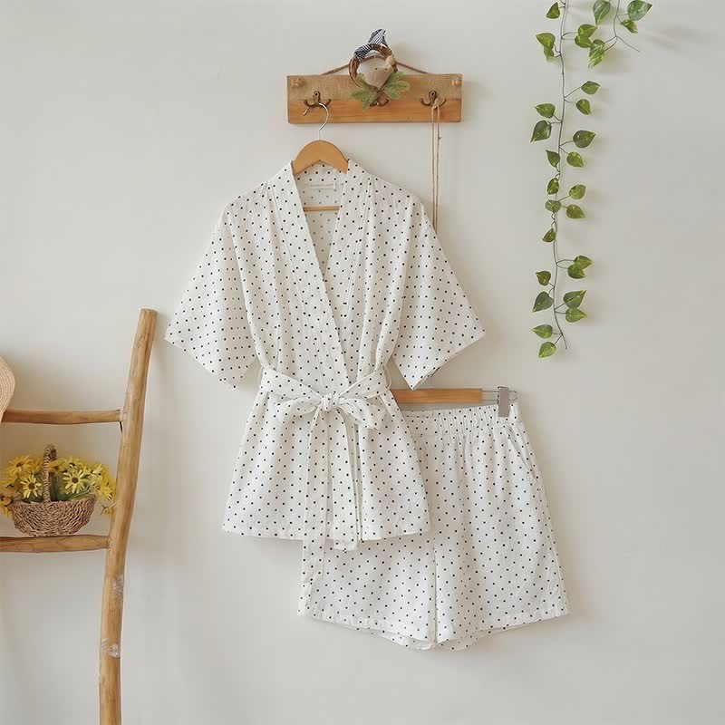 Polka Dot Cotton Kimono Pajama Set - White - L - image 1