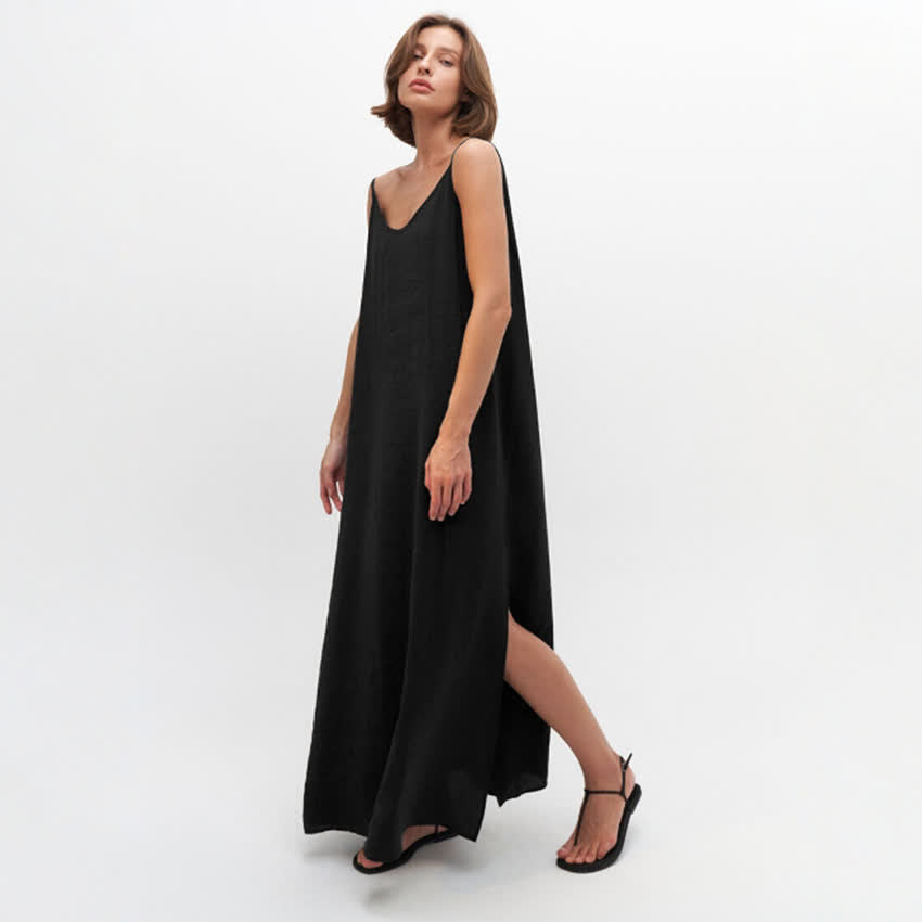 Solid Color Side Slit Lounge Dress - Black - L - image 9