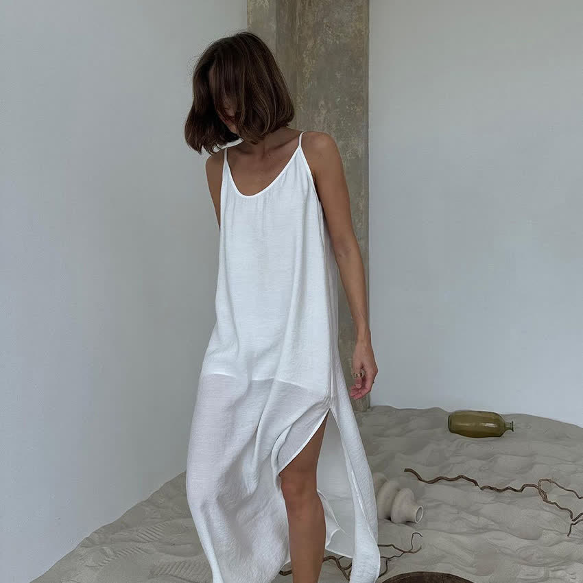 Solid Color Side Slit Lounge Dress - White - L - image 2