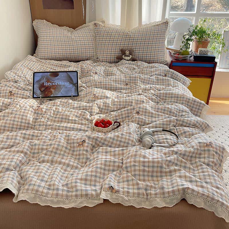 Brown Plaid Ruffle Lace Summer Bedding Set - image 1