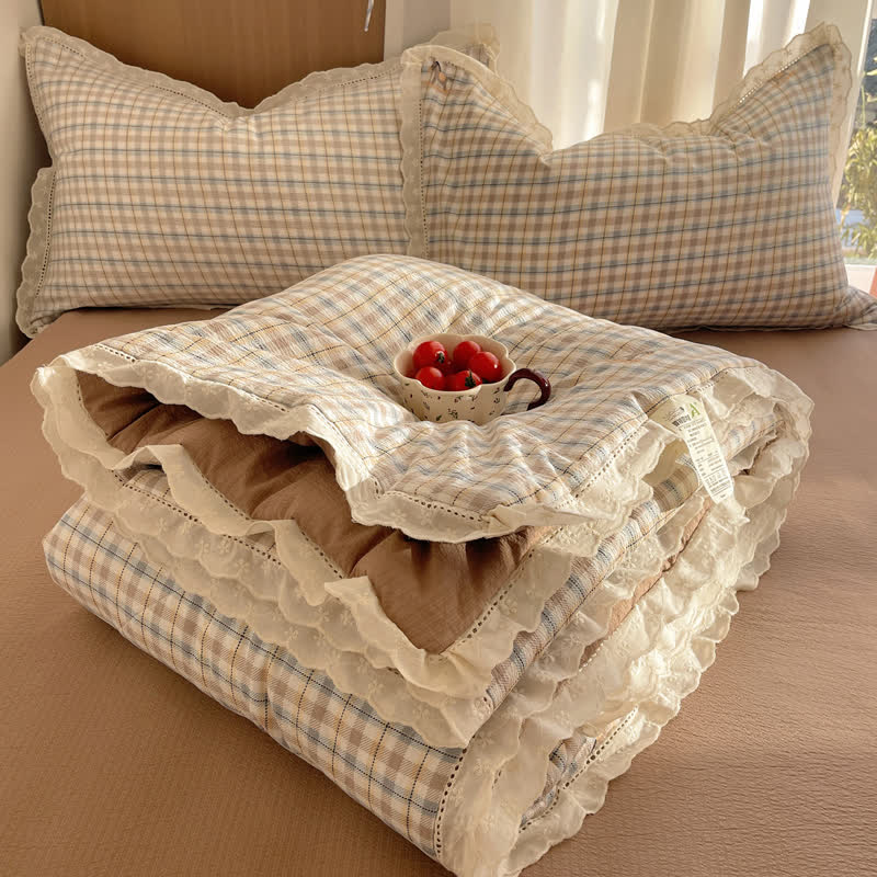 Brown Plaid Ruffle Lace Summer Bedding Set - Brown - Queen - Bedding Set - image 0