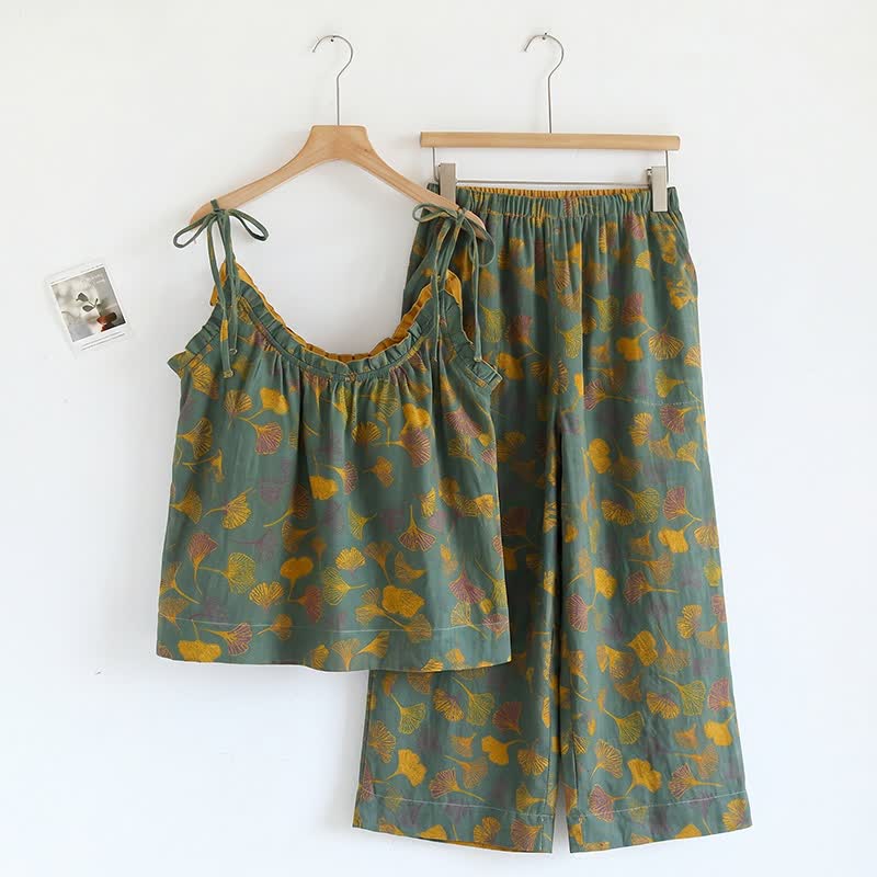 Ginkgo Cami Top & Pants Pajama Set - Green & Yellow - XL - image 12