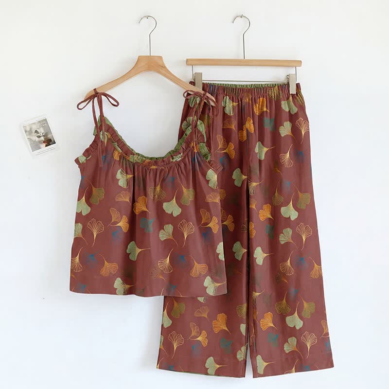 Ginkgo Cami Top & Pants Pajama Set - Wine & Green - XL - image 20