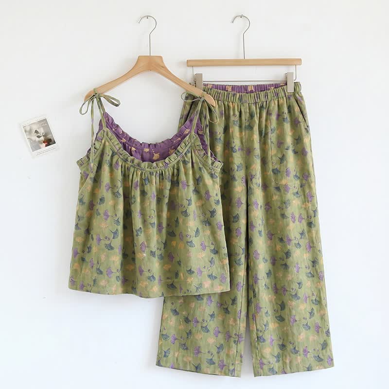 Ginkgo Biloba Leaf Cami Pajama Set - Green & Purple - XL - image 12