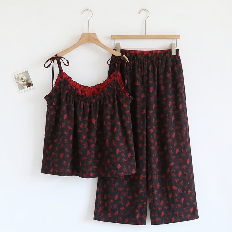 Ginkgo Biloba Leaf Cami Pajama Set - Black & Red - XL - image 12