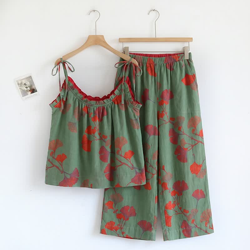 Ginkgo Leaf Cami Ruffled Pajama Set - Green & Red - XL - image 4