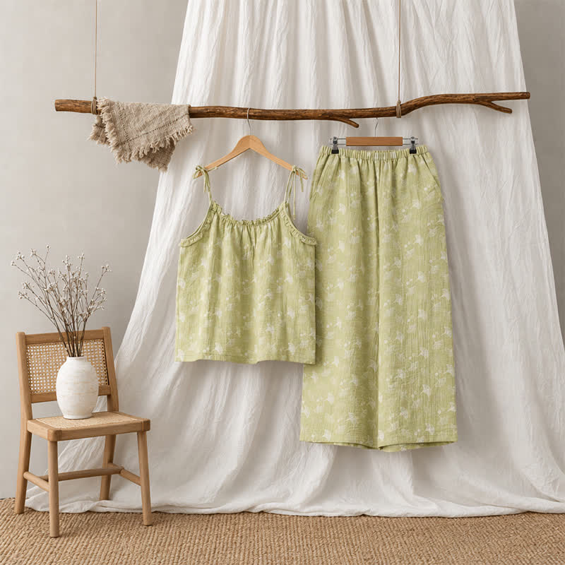 Fresh Ginkgo Leaf Cami Cotton Pajamas - Green - XL - image 0