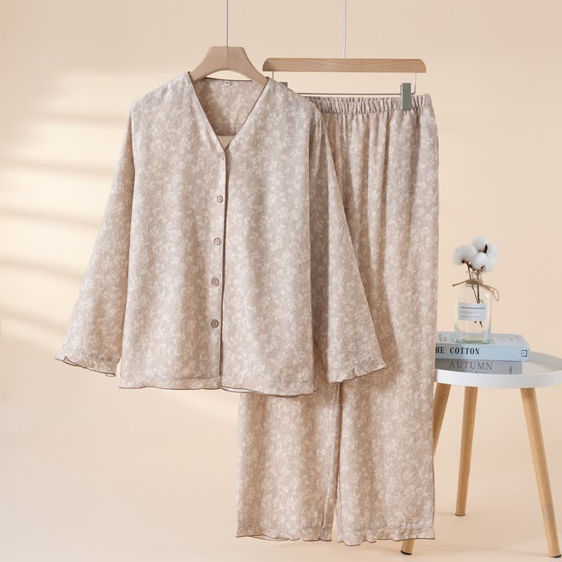 Soft Floral Cotton Button Front Pajamas - Coffee - XL - image 13
